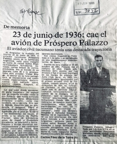 23 de junio de 1936: cae el avión de Próspero Palazzo