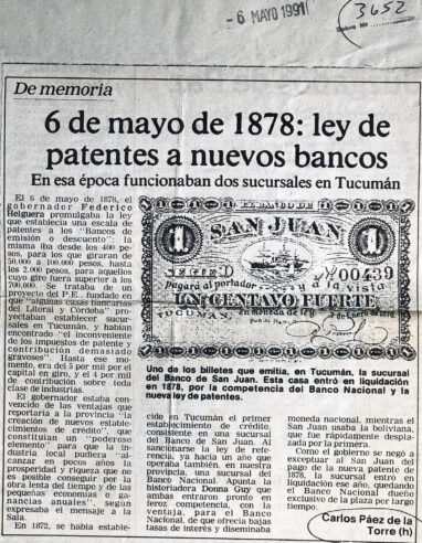 6 de mayo de 1878: ley de patentes a nuevos bancos