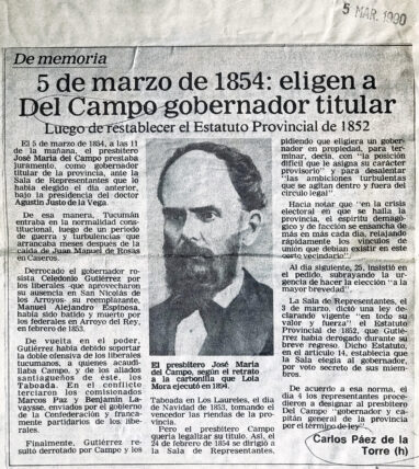 5 de marzo de 1854: eligen a Del Campo gobernador titulado