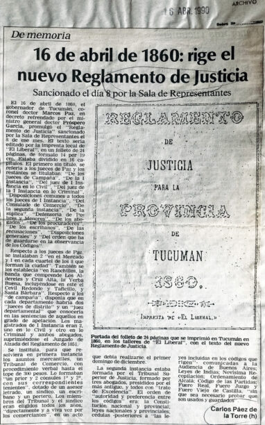 16 de abril de 1860: rige el nuevo Reglamento de Justicia