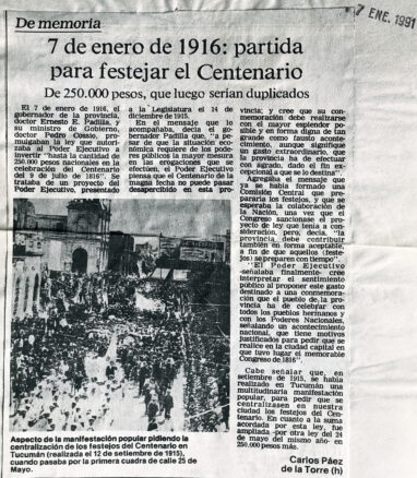 7 de enero de 1916: partida para festejar el centenario