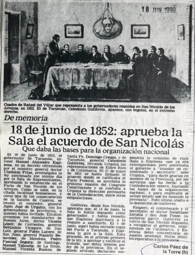 18 de junio de 1852: aprueba a la sala de acuerdo de San Nicolás