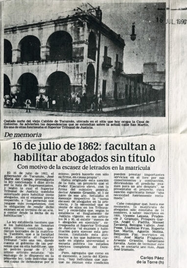 16 de julio de 1862: facultan a habilitar abogados sin título