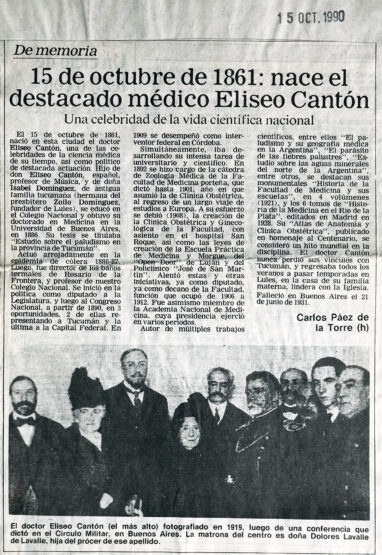 15 de octubre de 1861: nace el destacado médico Eliseo Cantón