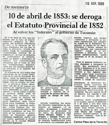 10 de abril de 1853: se deroga el Estatuto Provincial de 1852