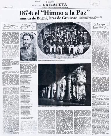 1874: el “Himno a la Paz”. Música de Bugni, letra de Groussac