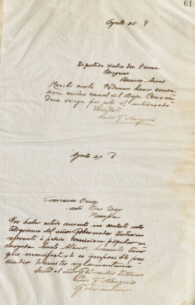 Carta al Diputado Julio M. Terán y a Francisco Cruz de Luis F. Nougués