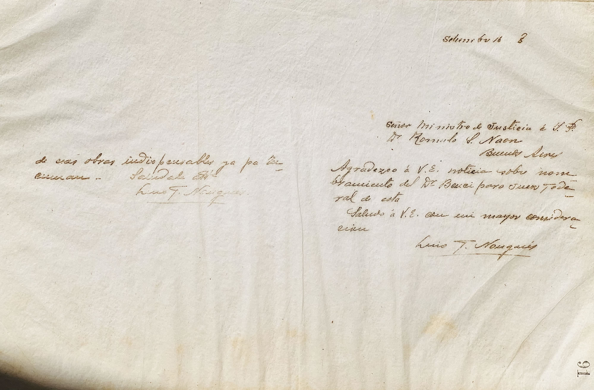 Carta al Ministro de Justicia Rómulo Sebastián Naón de Luis F. Nougués