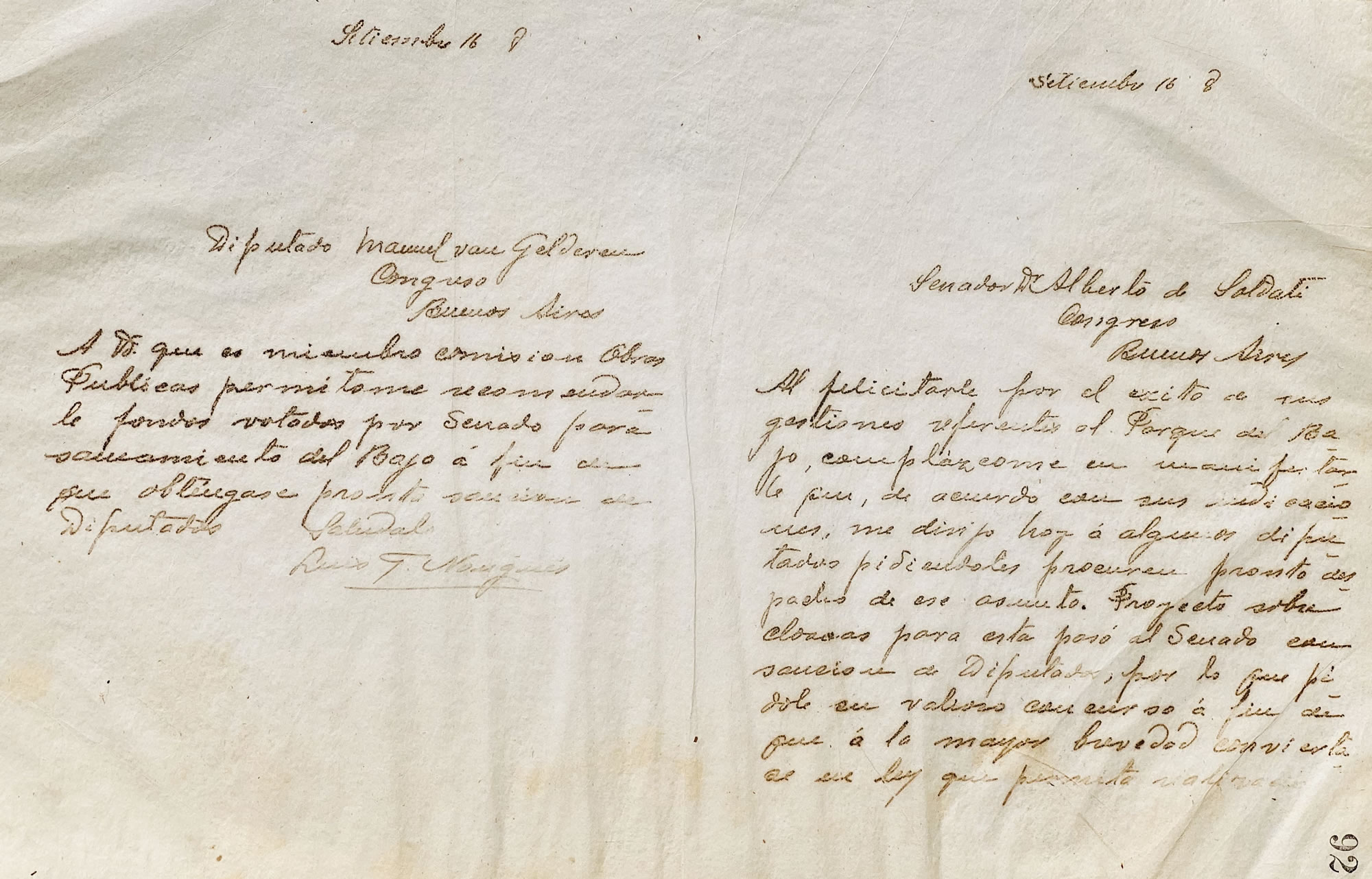 Cartas al Diputado Manuel Van Gelderen y al Senador Alberto de Soldatti de Luis F. Nougués