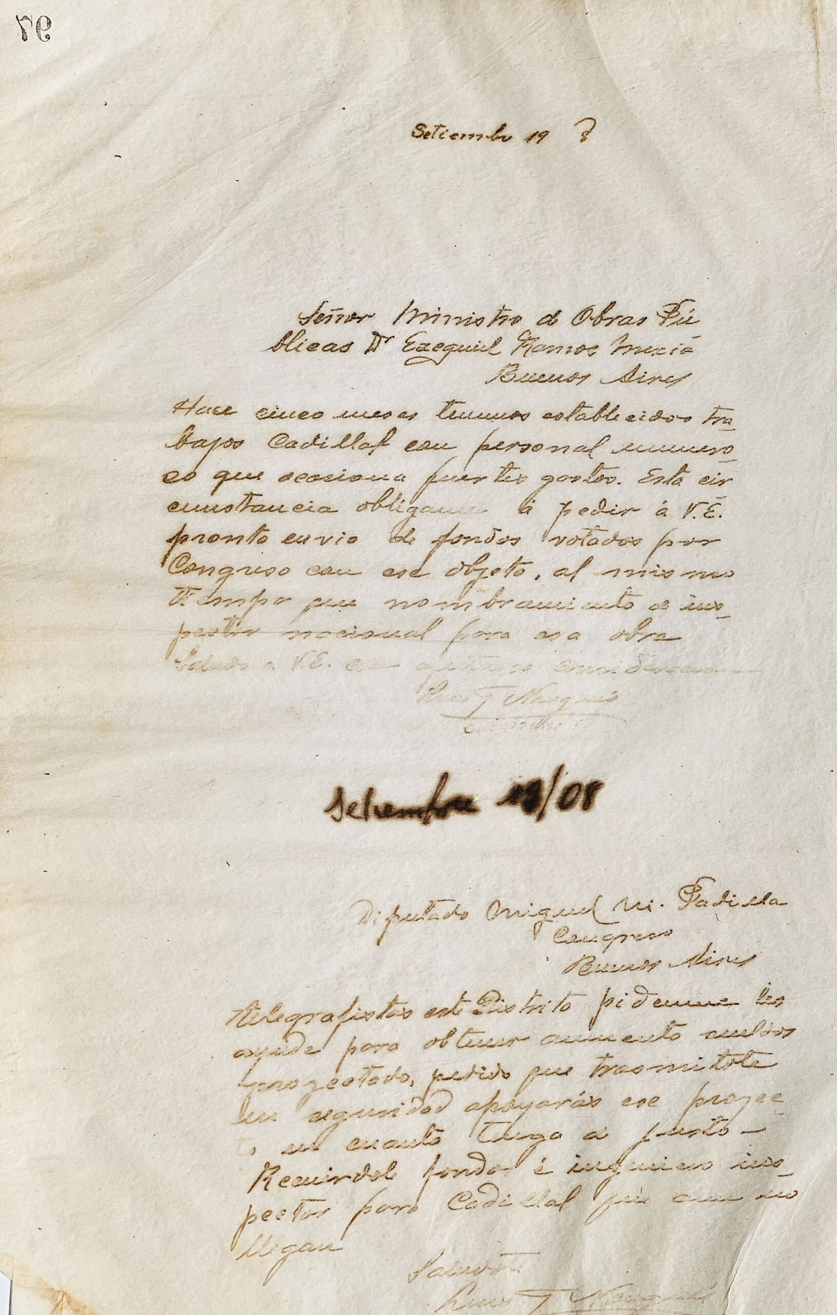 Cartas al Ministro de Obras Públicas Ezequiel Ramos Mejía y al diputado Miguel M. Padilla de Luis F. Nougués