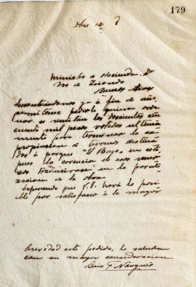 Carta al Sr. Ministro de Hacienda Dr. M. de Iriondo de Luis F. Nougués