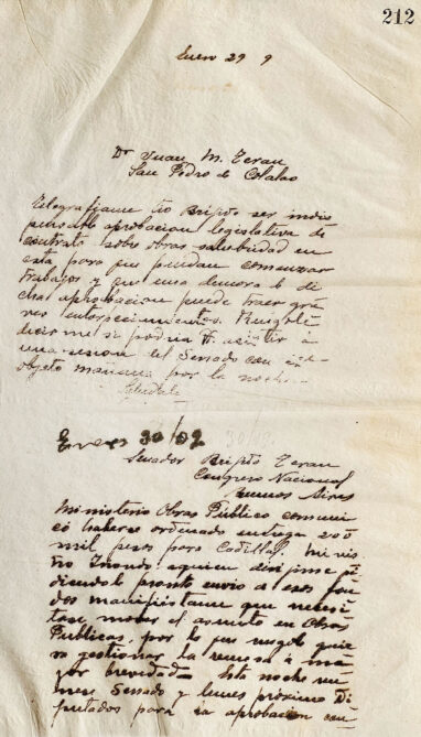 Cartas a Juan M. Terán, San Pedro de Colalao y al Senador Brígido Terán, Congreso Nacional de Luis F. Nougués
