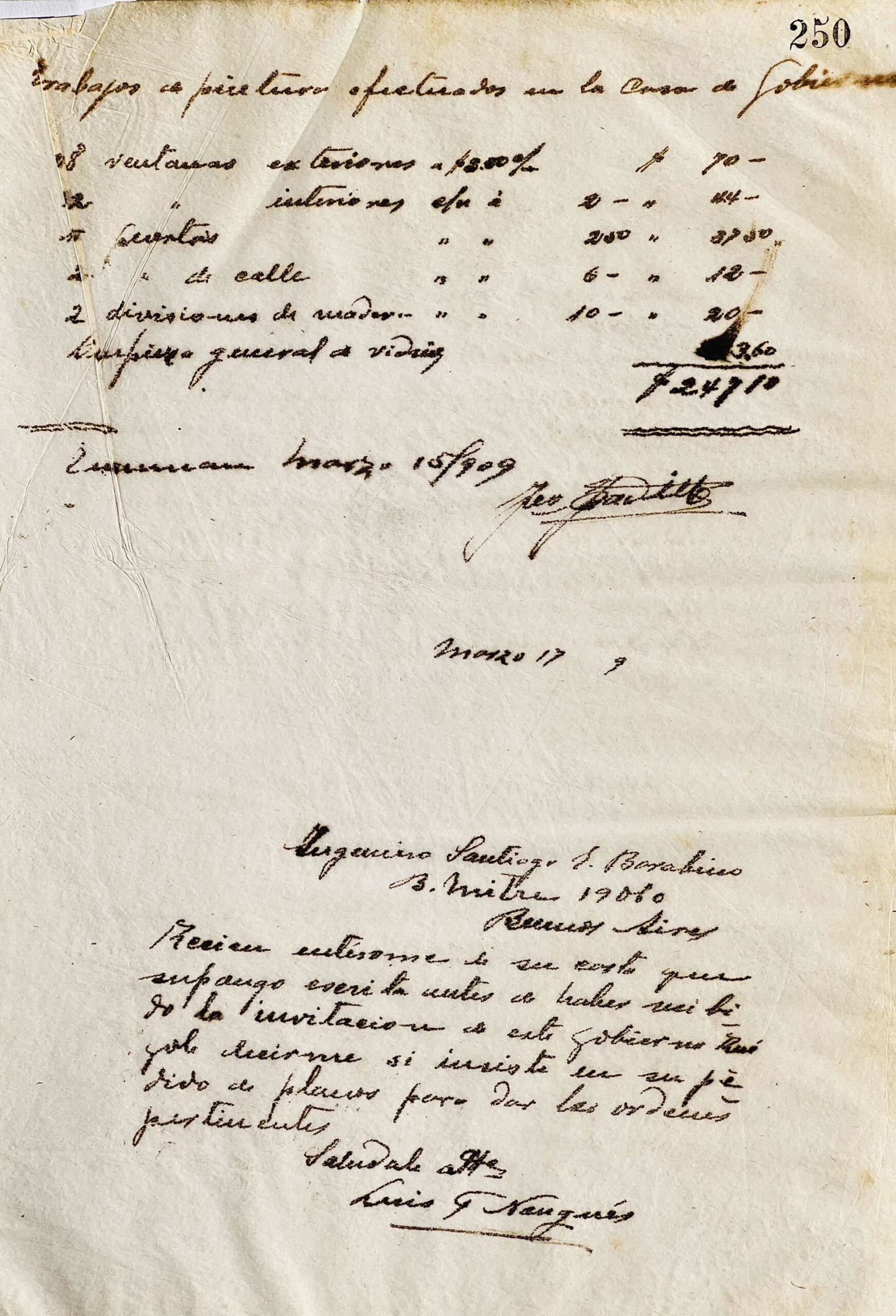 Rendición cuentas pinturas Casa Gobierno por José Padilla y carta al Ing. Santiago Barabino de Luis F. Nougués