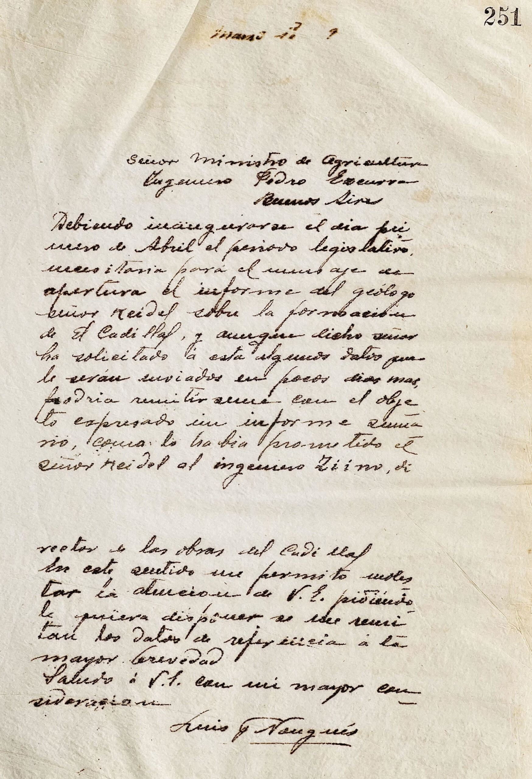 Carta al Señor Ministro de Agricultura Ingeniero Pedro Ezcurra de Luis F. Nougués