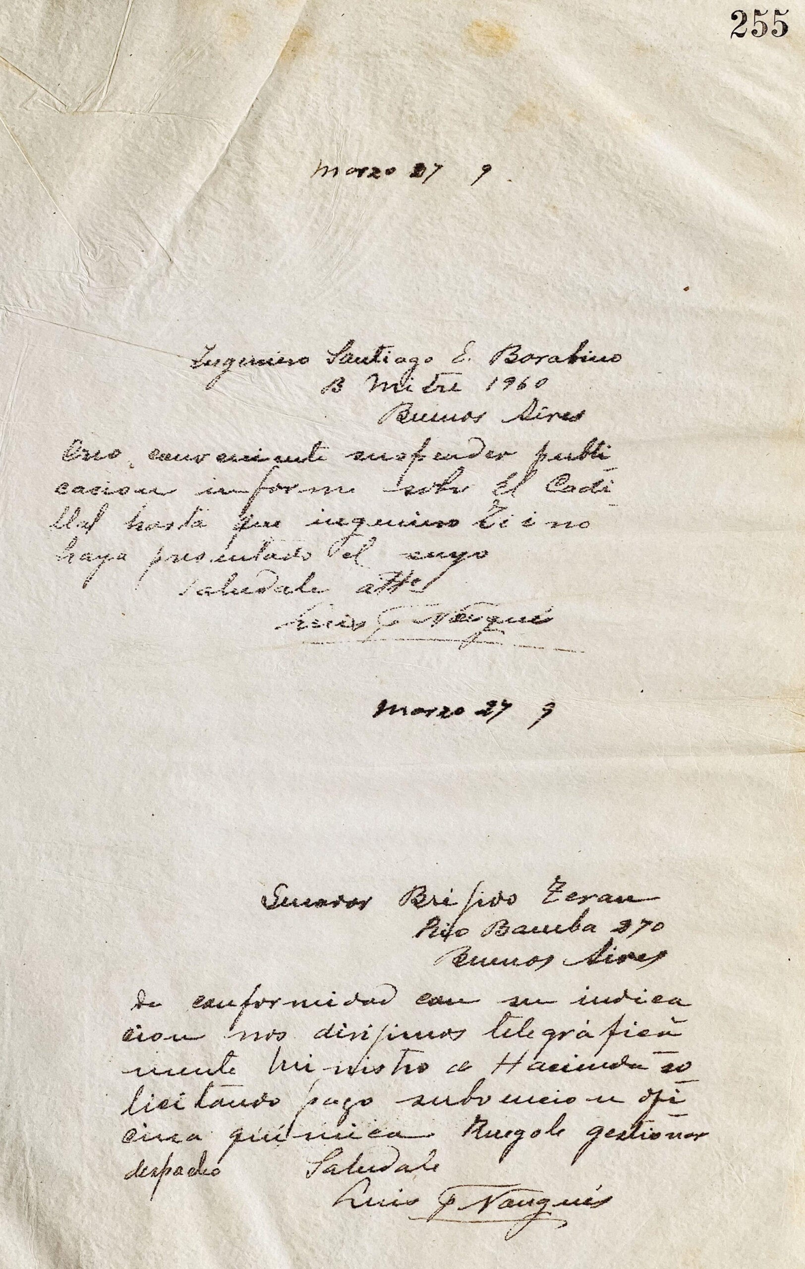 Cartas al Ingeniero Santiago E. Barabino y al Senador Brígido Terán de luis F. Nougués