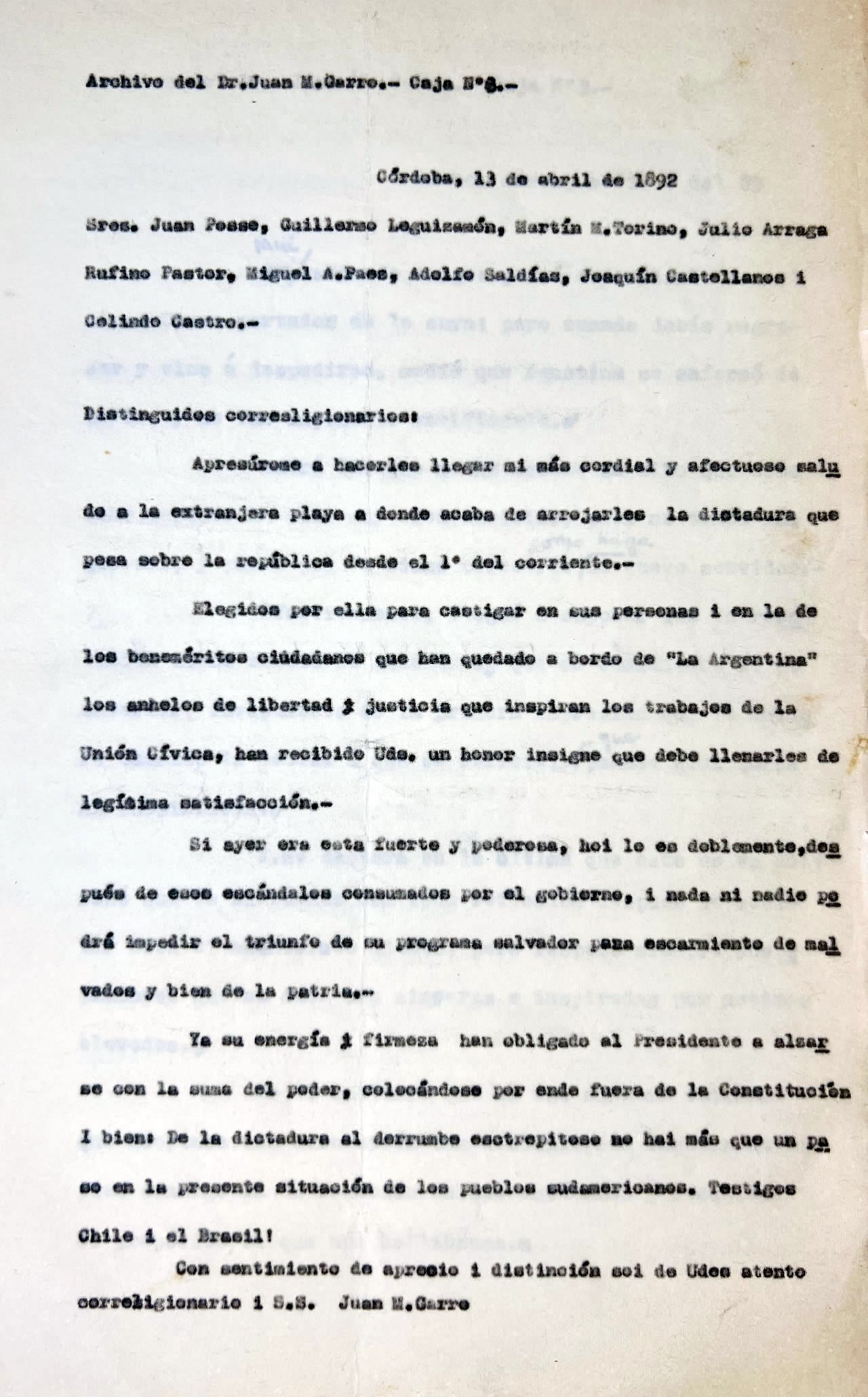 Carta del Doctor Gerónimo Cortés al Dr. Juan M. Garro