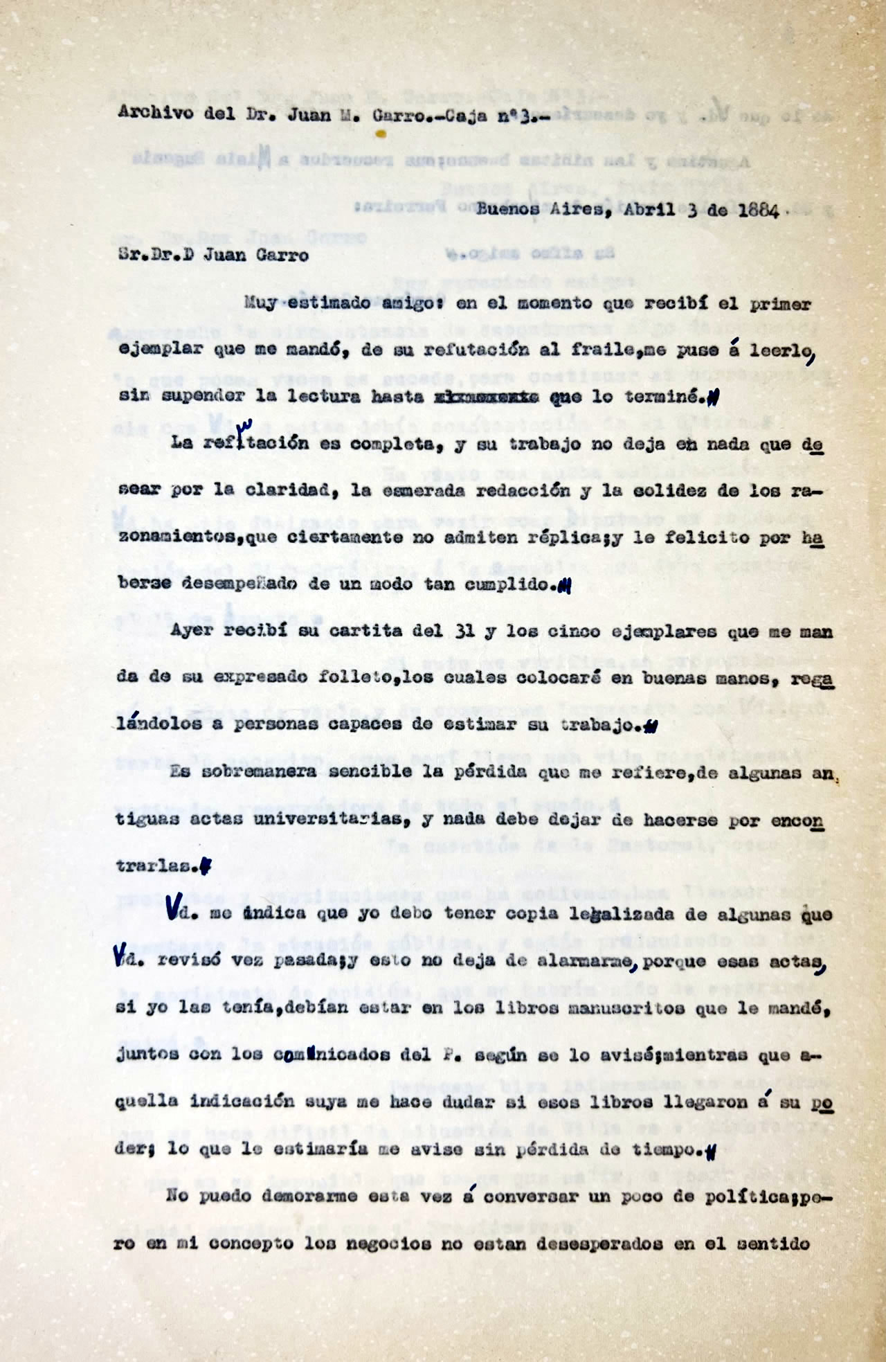 Carta del Doctor Gerónimo Cortés al Dr. Juan M. Garro