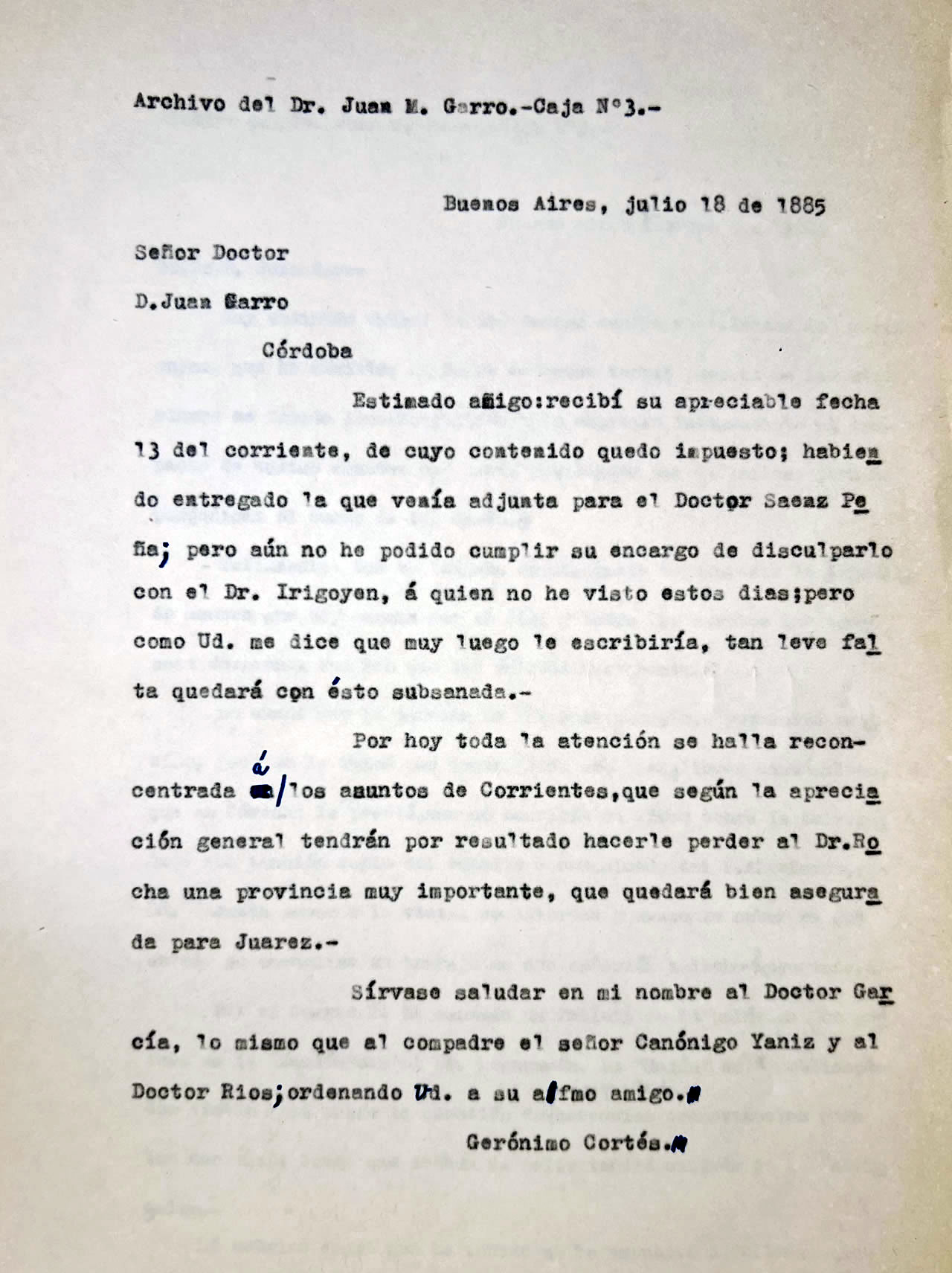 Carta del Doctor Gerónimo Cortés al Dr. Juan M. Garro