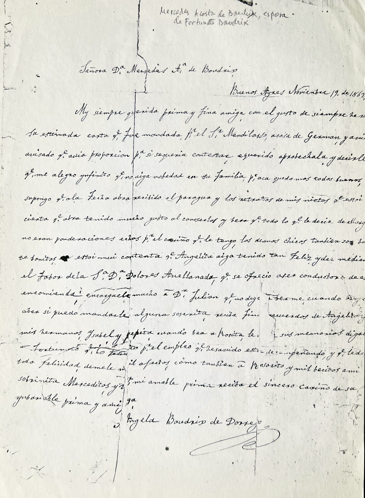 Carta a Doña Mercedes Acosta de Boudrix de Angela Boudrix de Dorrego