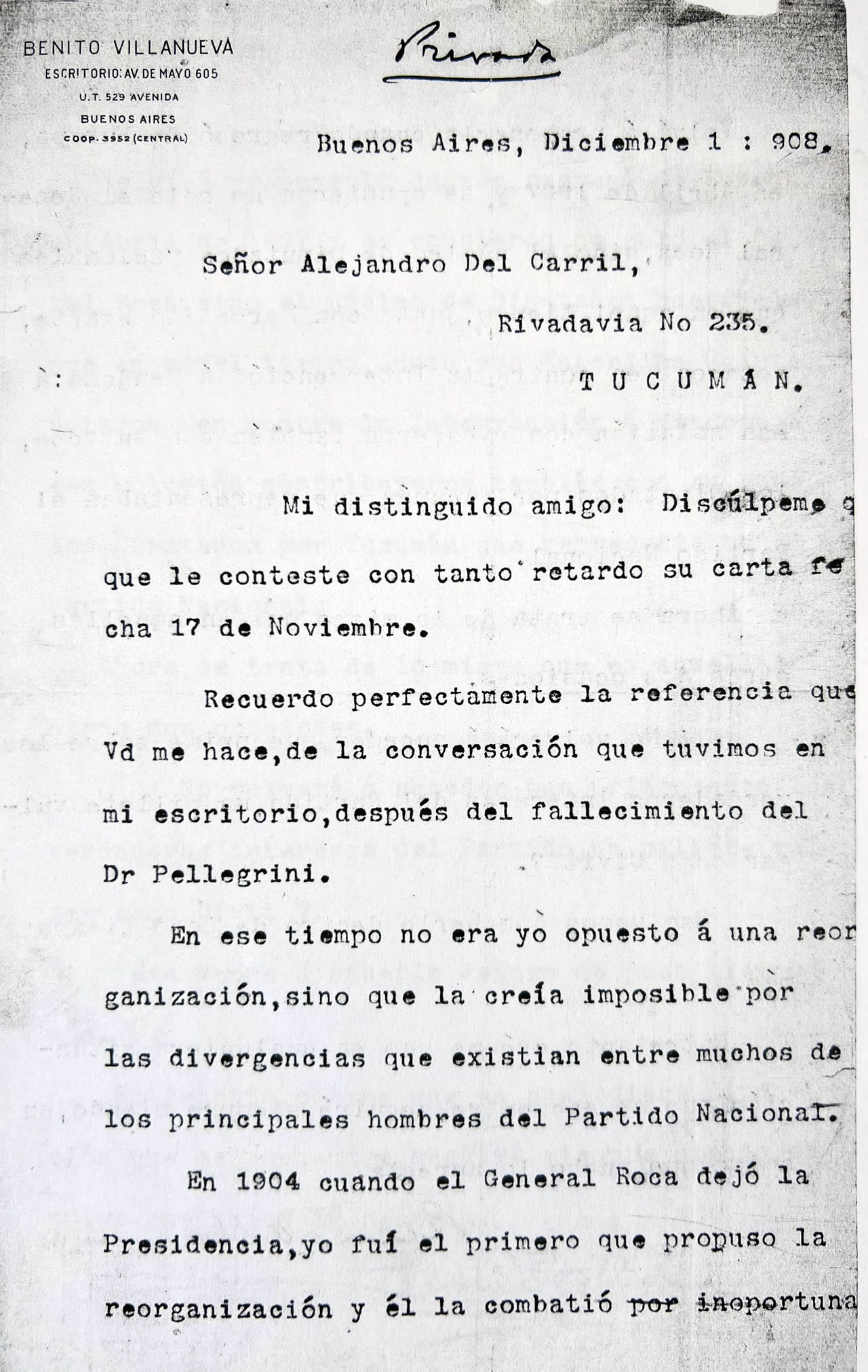 Carta al Señor Alejandro del Carril de Benito Villanueva